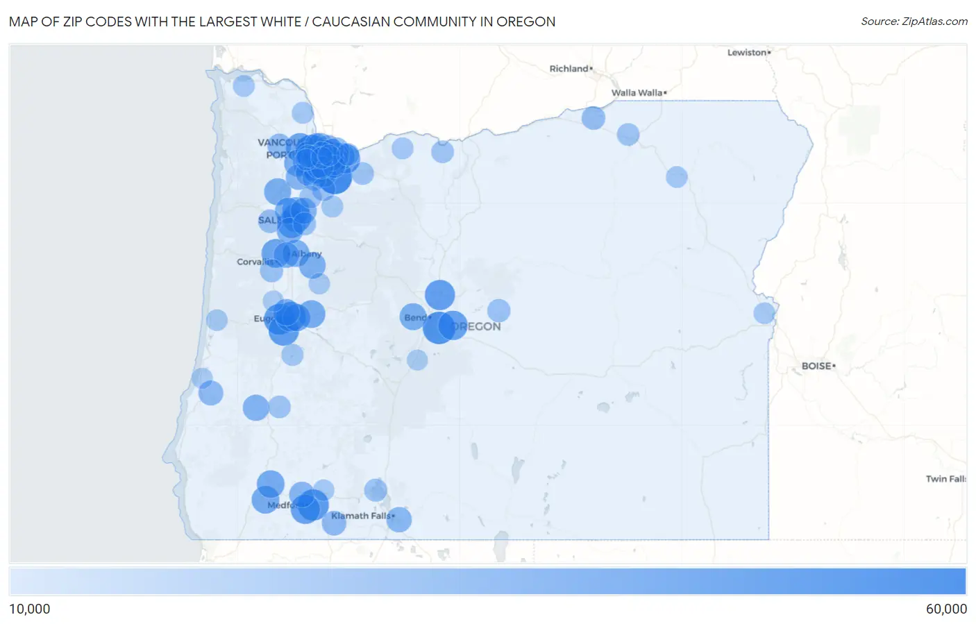 Zip Codes with the Largest White / Caucasian Community in Oregon Map