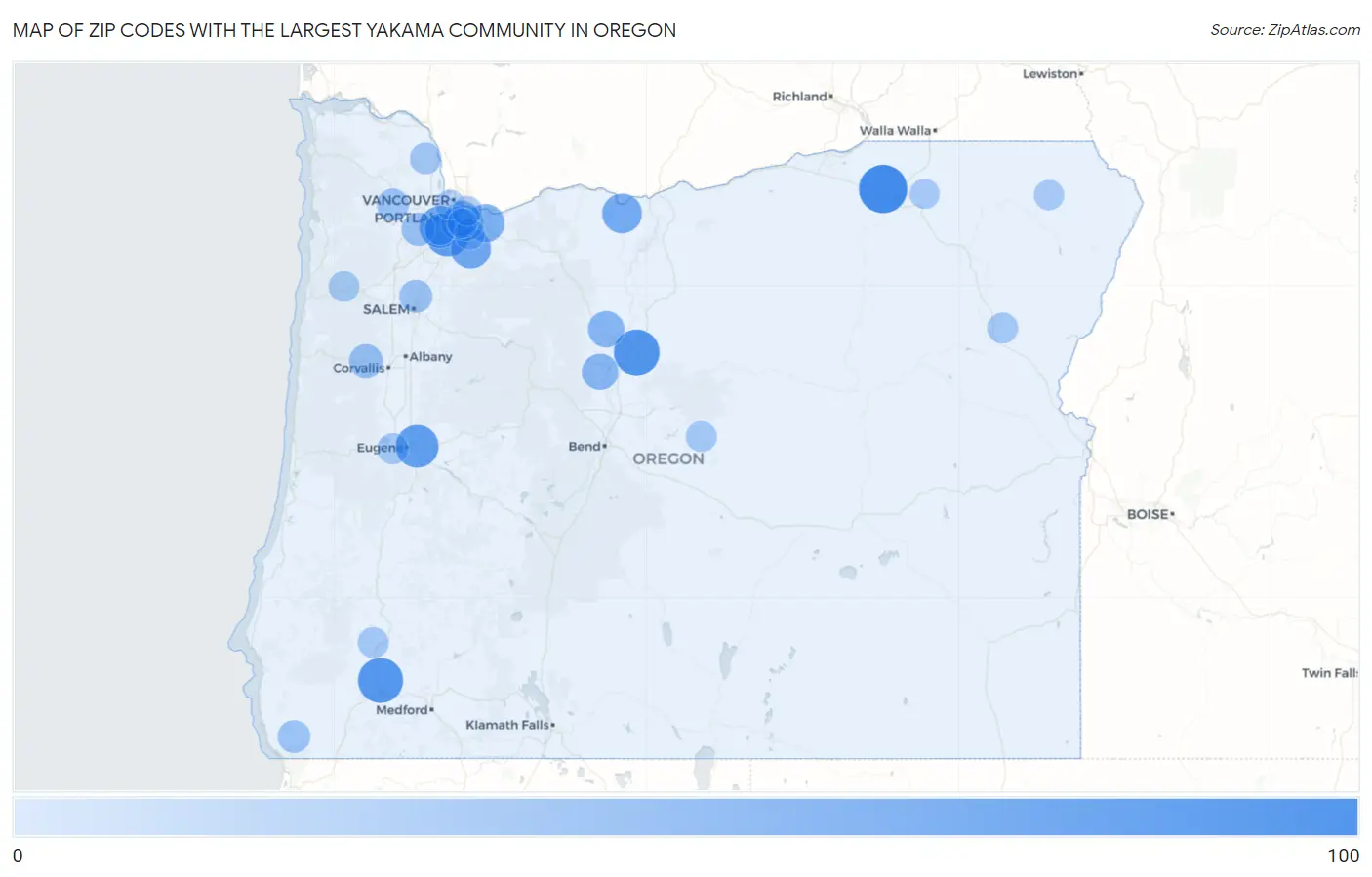 Zip Codes with the Largest Yakama Community in Oregon Map