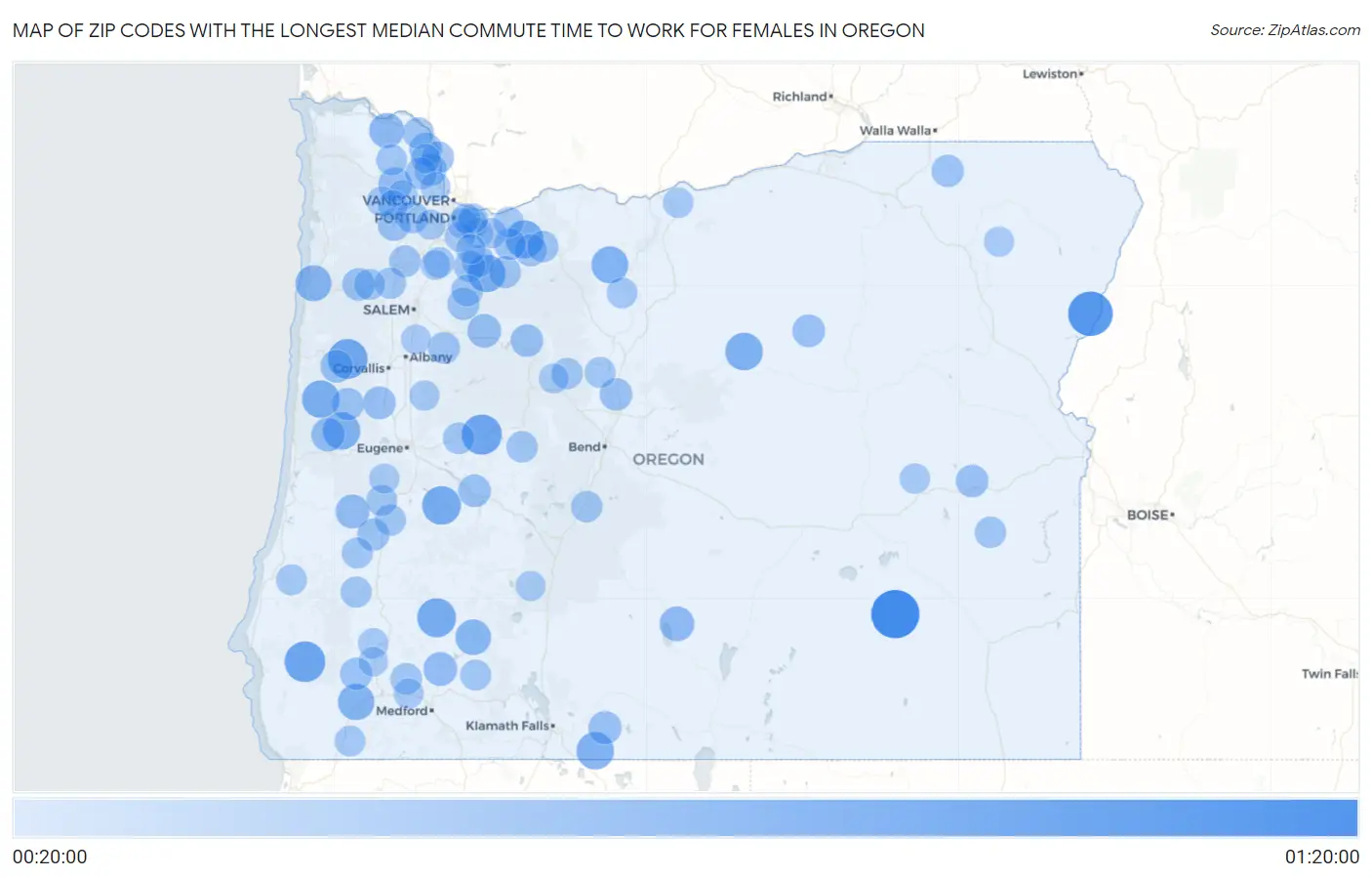 Zip Codes with the Longest Median Commute Time to Work for Females in Oregon Map