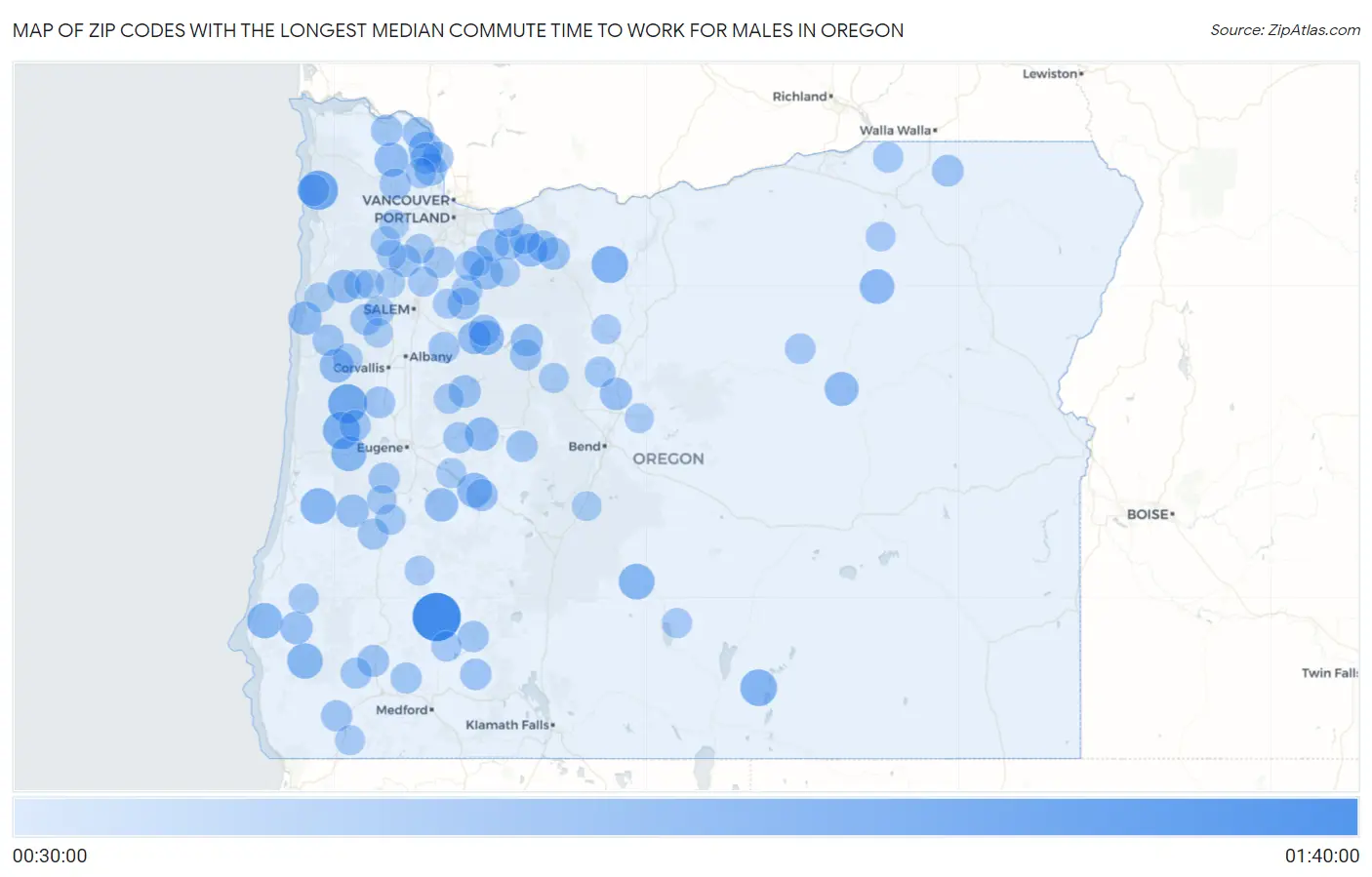 Zip Codes with the Longest Median Commute Time to Work for Males in Oregon Map