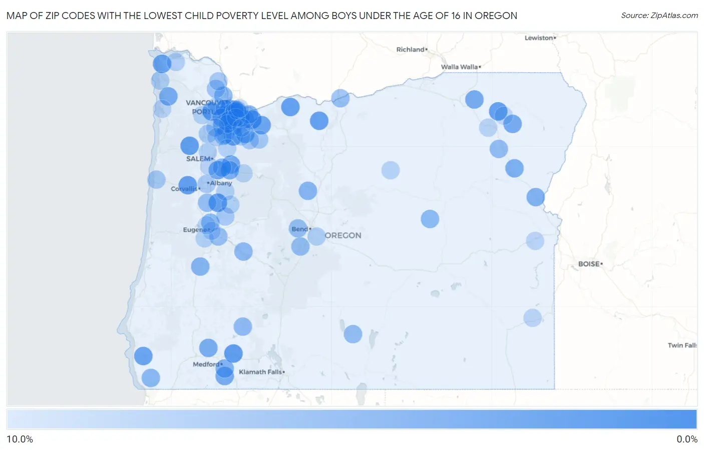 Zip Codes with the Lowest Child Poverty Level Among Boys Under the Age of 16 in Oregon Map