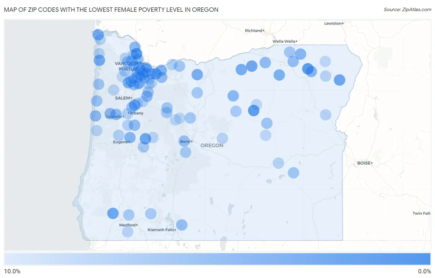 Zip Codes with the Lowest Female Poverty Level in Oregon Map