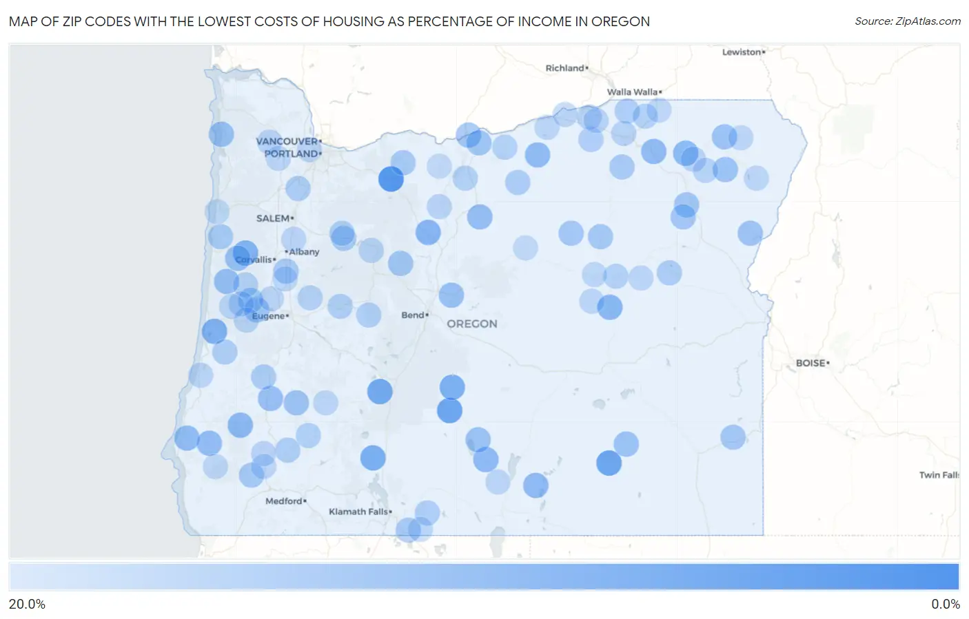 Zip Codes with the Lowest Costs of Housing as Percentage of Income in Oregon Map