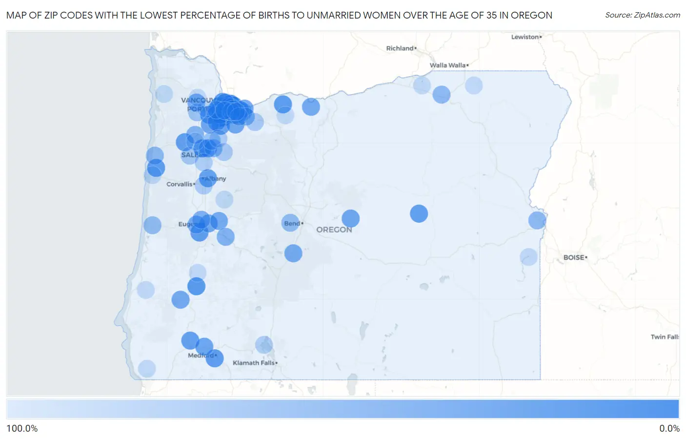 Zip Codes with the Lowest Percentage of Births to Unmarried Women over the Age of 35 in Oregon Map