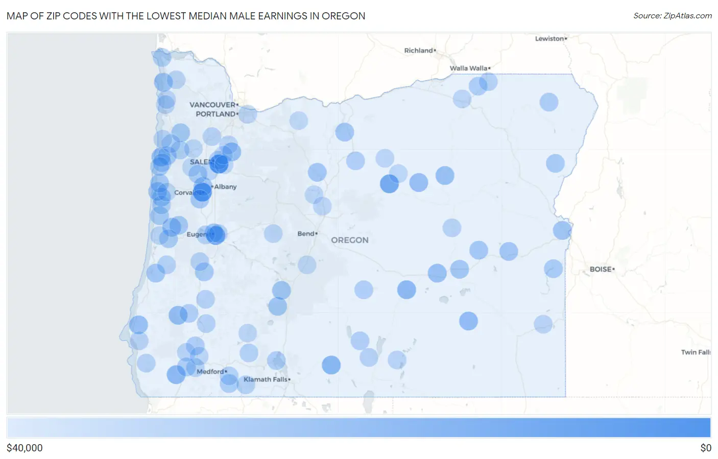 Zip Codes with the Lowest Median Male Earnings in Oregon Map