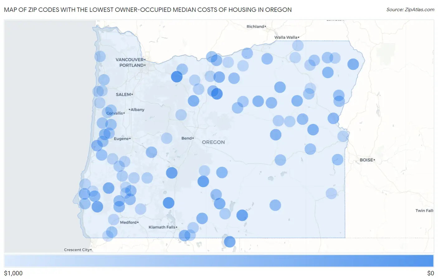 Zip Codes with the Lowest Owner-Occupied Median Costs of Housing in Oregon Map