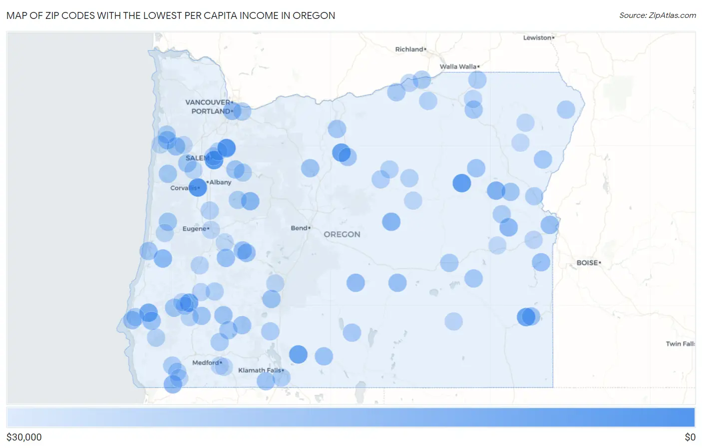 Zip Codes with the Lowest Per Capita Income in Oregon Map