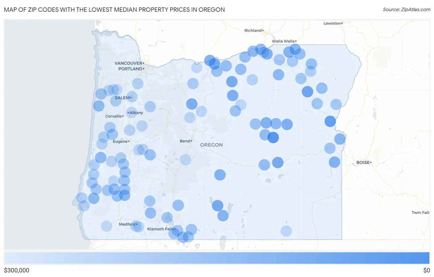 Zip Codes with the Lowest Median Property Prices in Oregon Map
