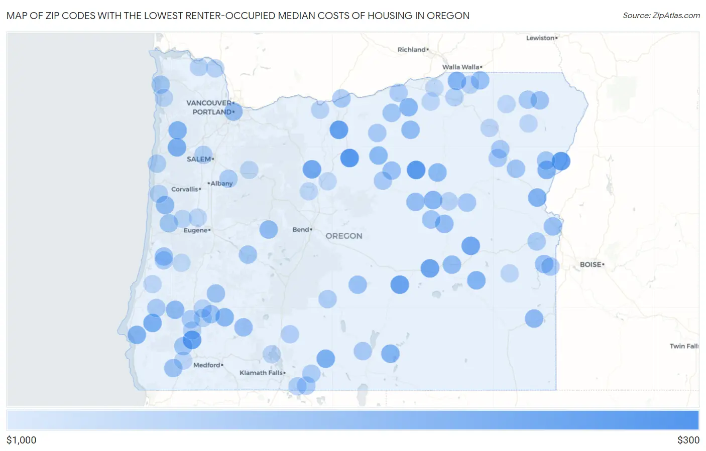 Zip Codes with the Lowest Renter-Occupied Median Costs of Housing in Oregon Map