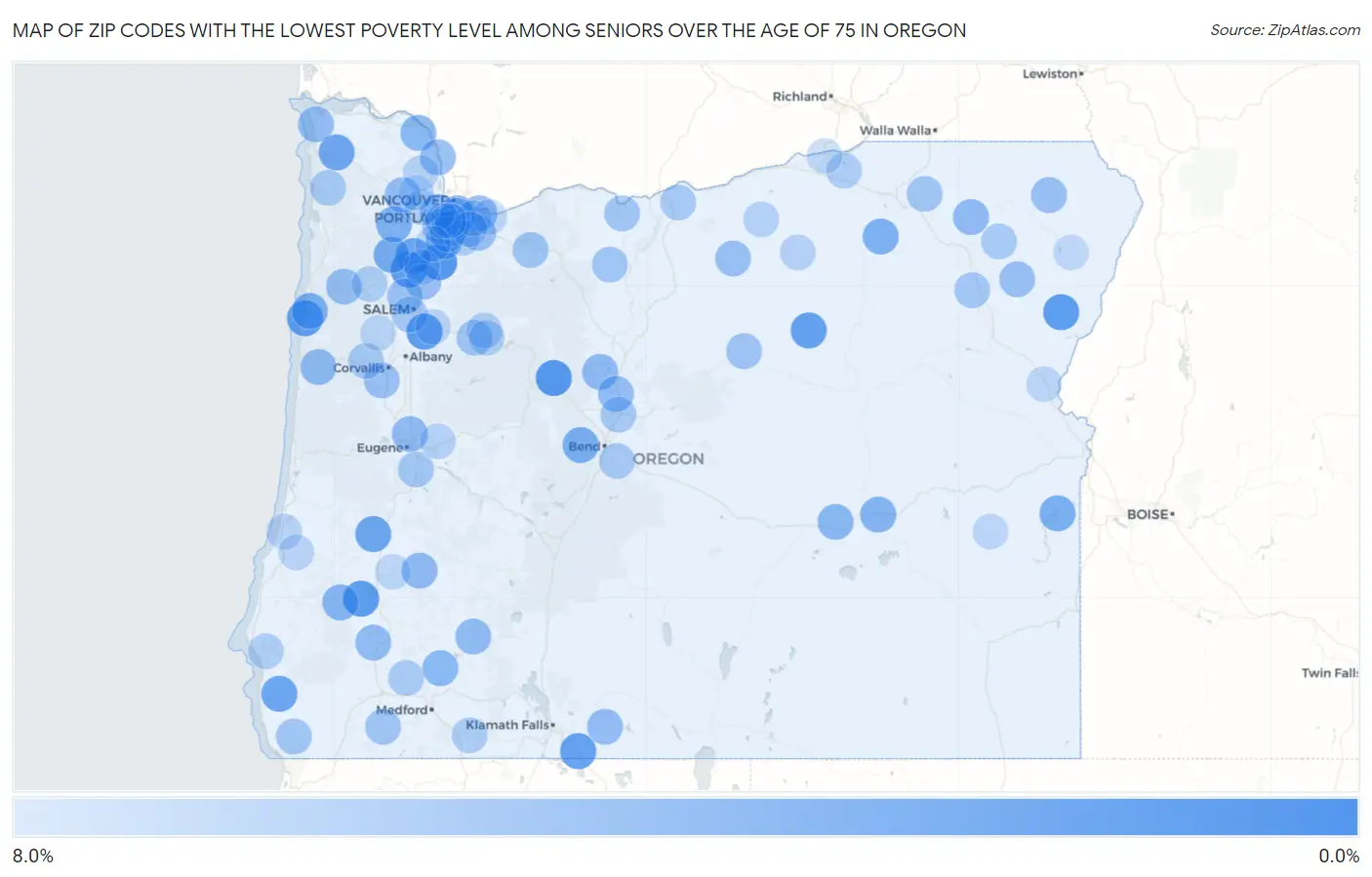 Zip Codes with the Lowest Poverty Level Among Seniors Over the Age of 75 in Oregon Map