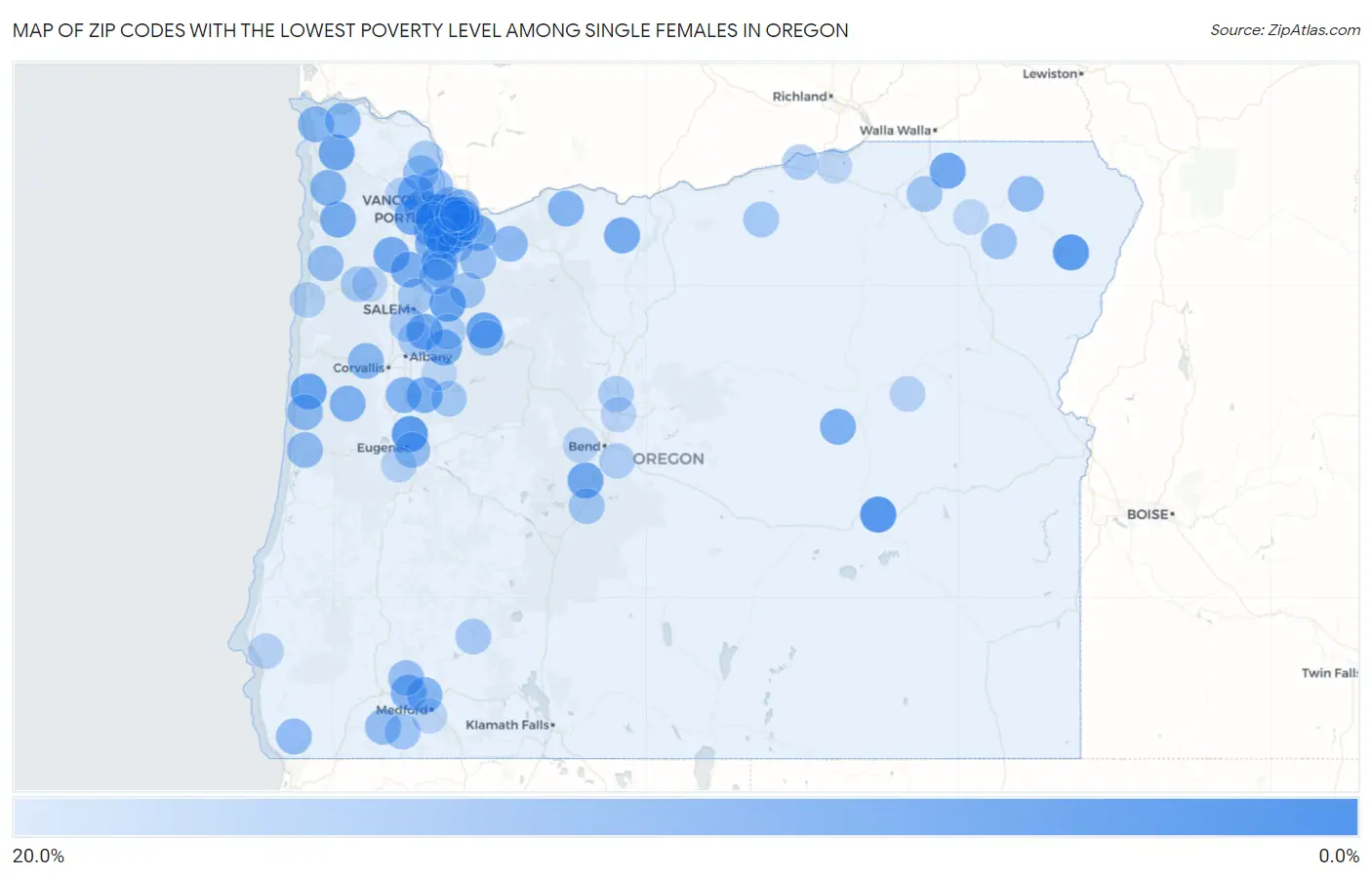 Zip Codes with the Lowest Poverty Level Among Single Females in Oregon Map