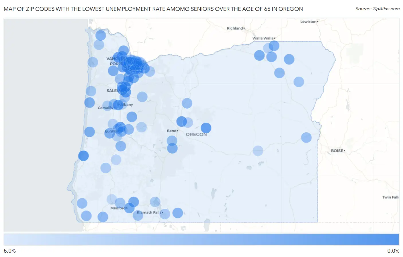 Zip Codes with the Lowest Unemployment Rate Amomg Seniors Over the Age of 65 in Oregon Map