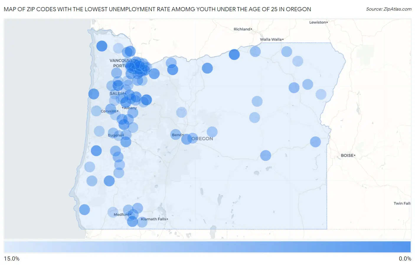 Zip Codes with the Lowest Unemployment Rate Amomg Youth Under the Age of 25 in Oregon Map