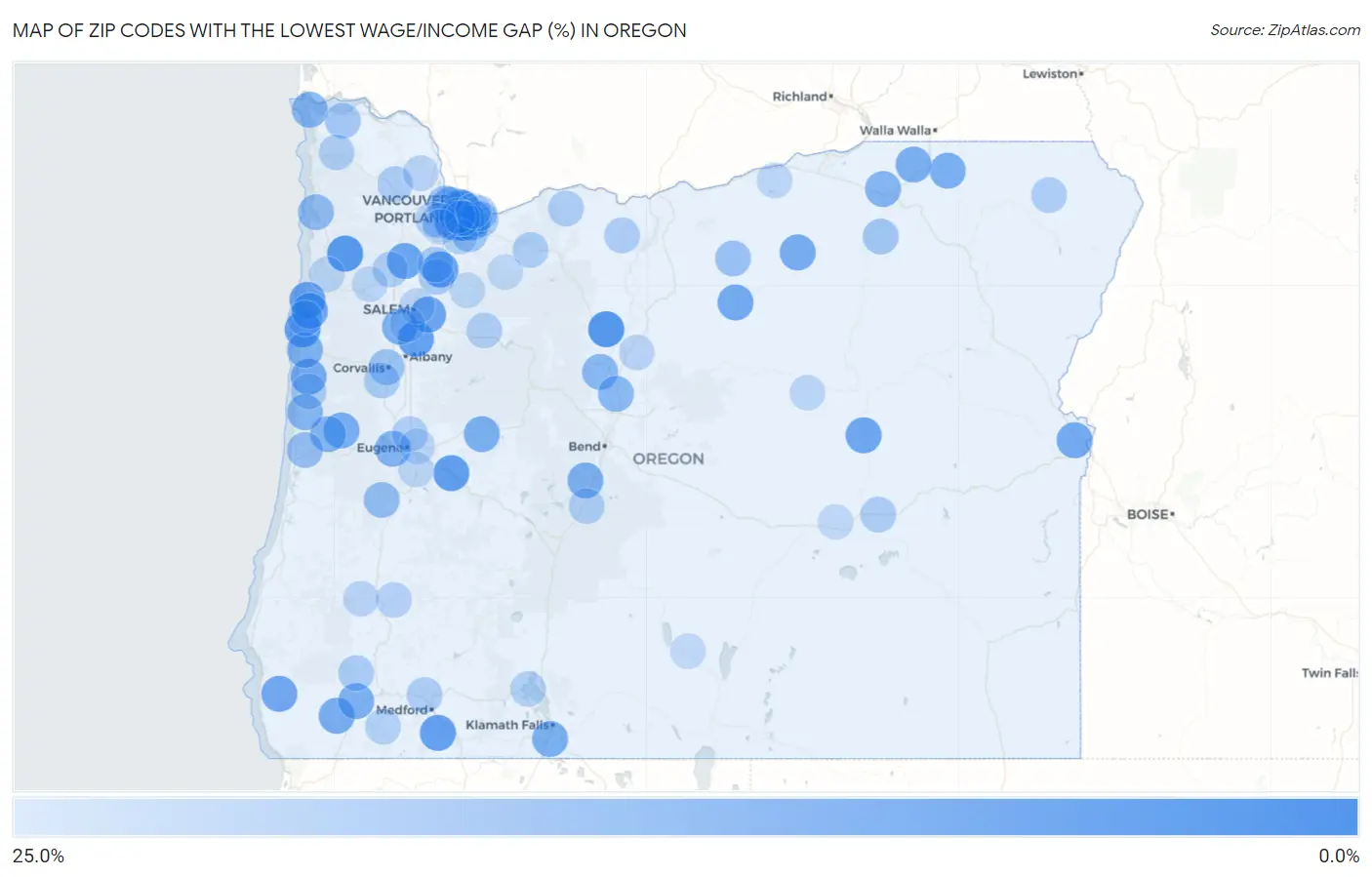 Zip Codes with the Lowest Wage/Income Gap (%) in Oregon Map