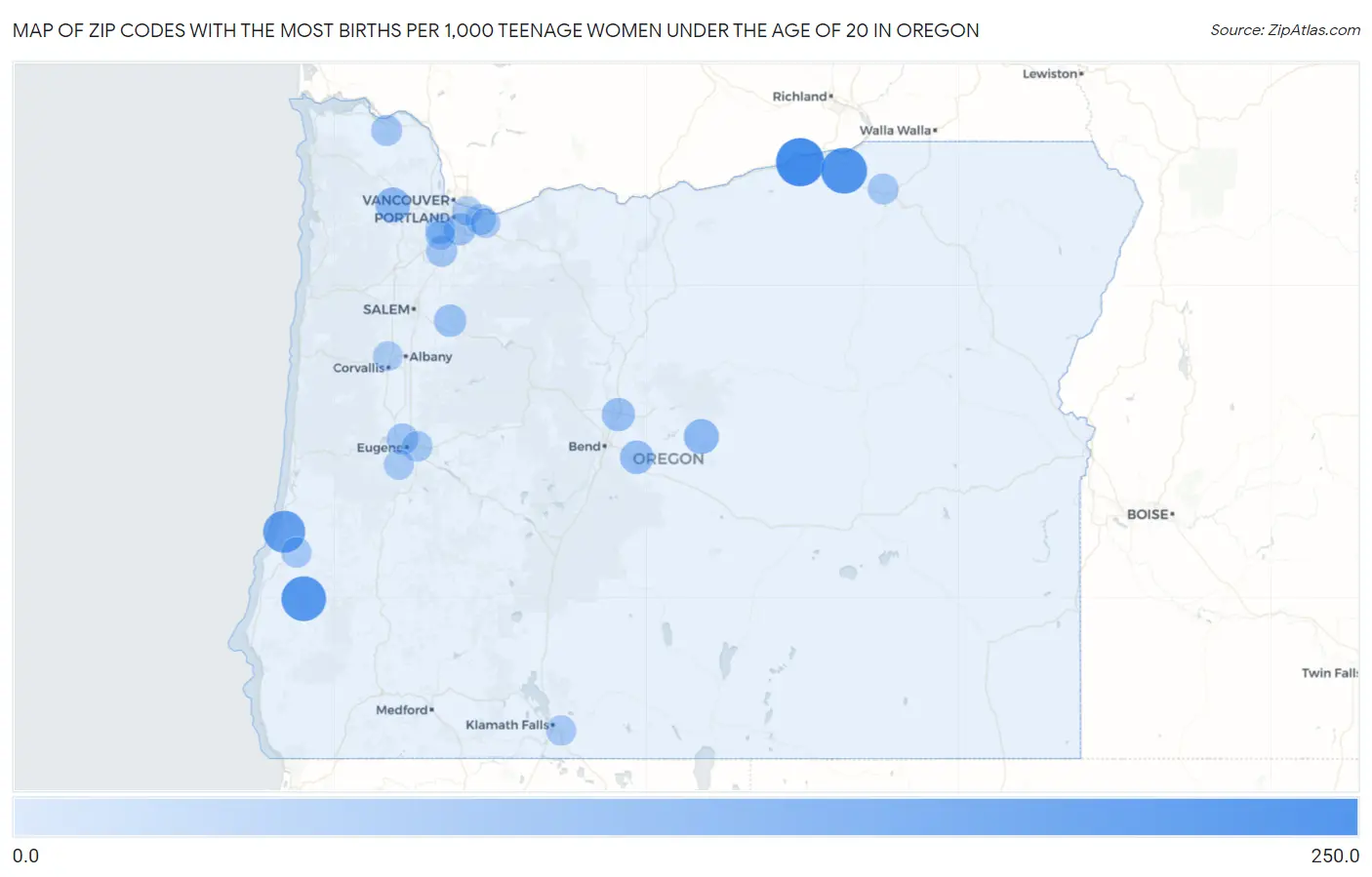 Zip Codes with the Most Births per 1,000 Teenage Women Under the Age of 20 in Oregon Map
