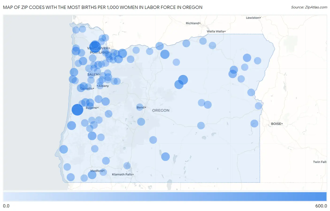 Zip Codes with the Most Births per 1,000 Women in Labor Force in Oregon Map