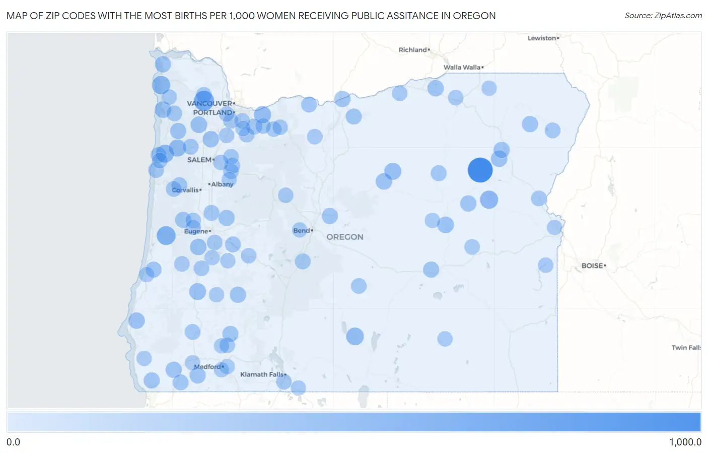 Zip Codes with the Most Births per 1,000 Women Receiving Public Assitance in Oregon Map