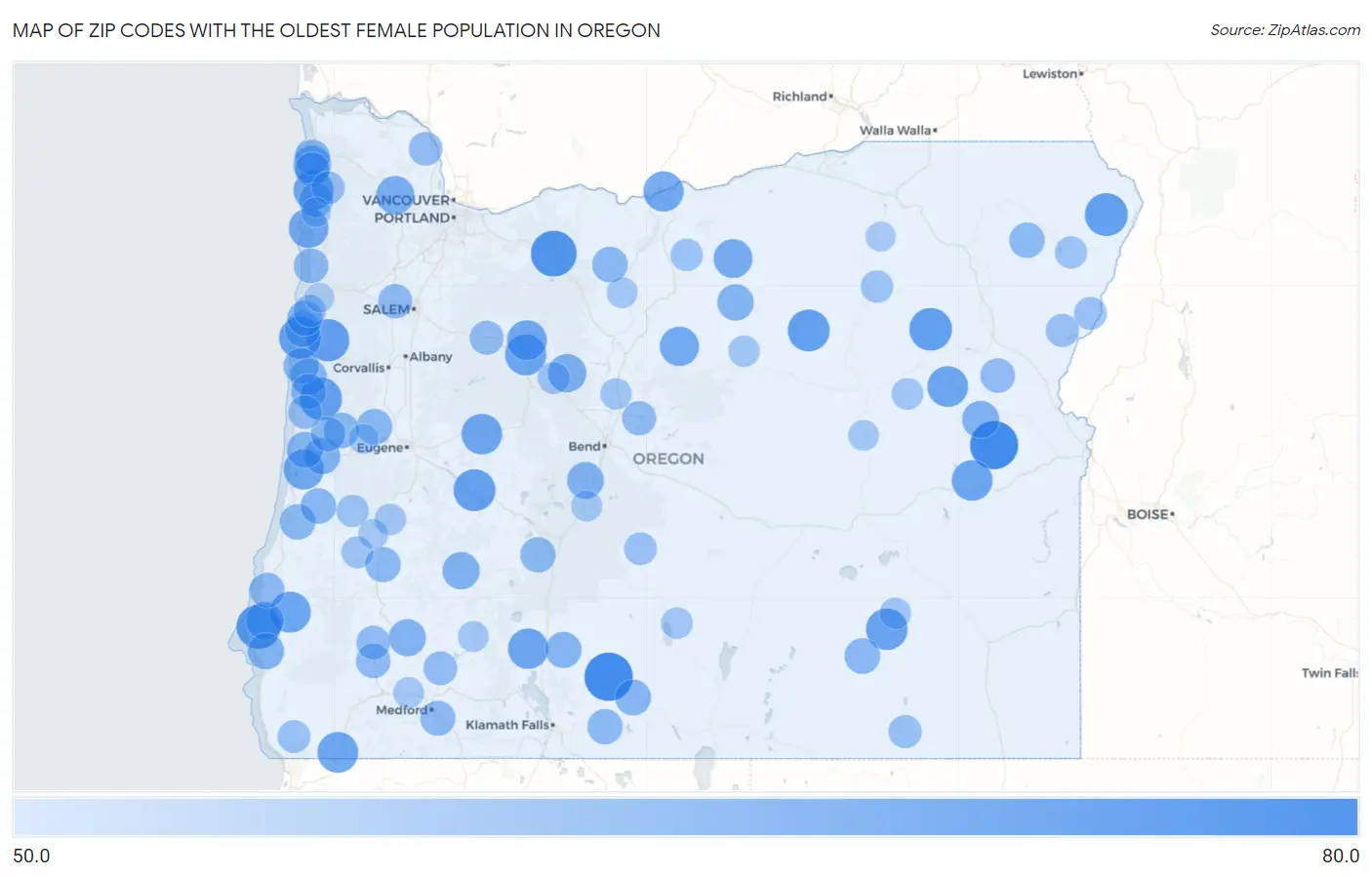 Zip Codes with the Oldest Female Population in Oregon Map