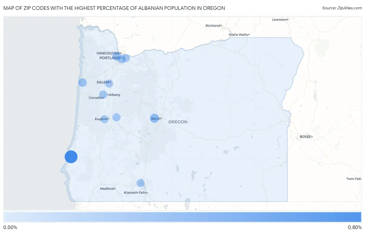 Zip Codes with the Highest Percentage of Albanian Population in Oregon Map