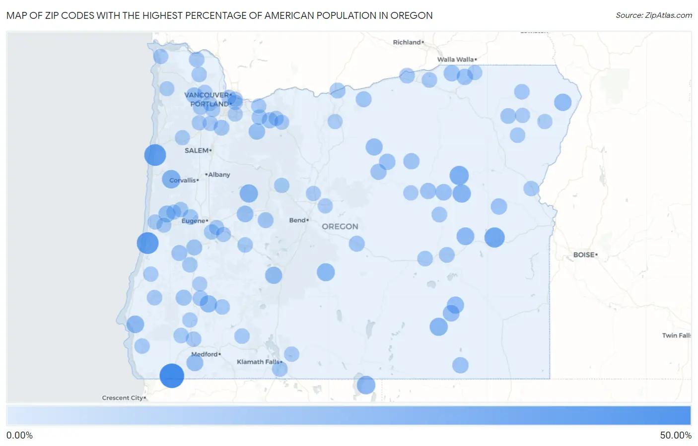 Zip Codes with the Highest Percentage of American Population in Oregon Map