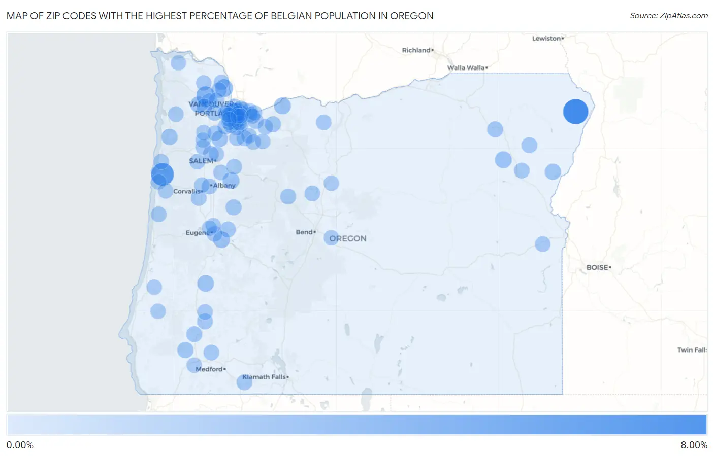 Zip Codes with the Highest Percentage of Belgian Population in Oregon Map