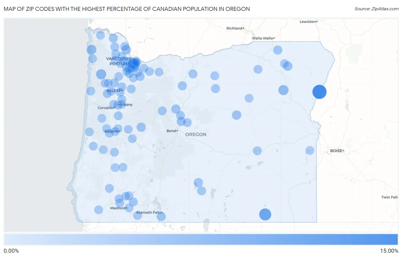 Zip Codes with the Highest Percentage of Canadian Population in Oregon Map