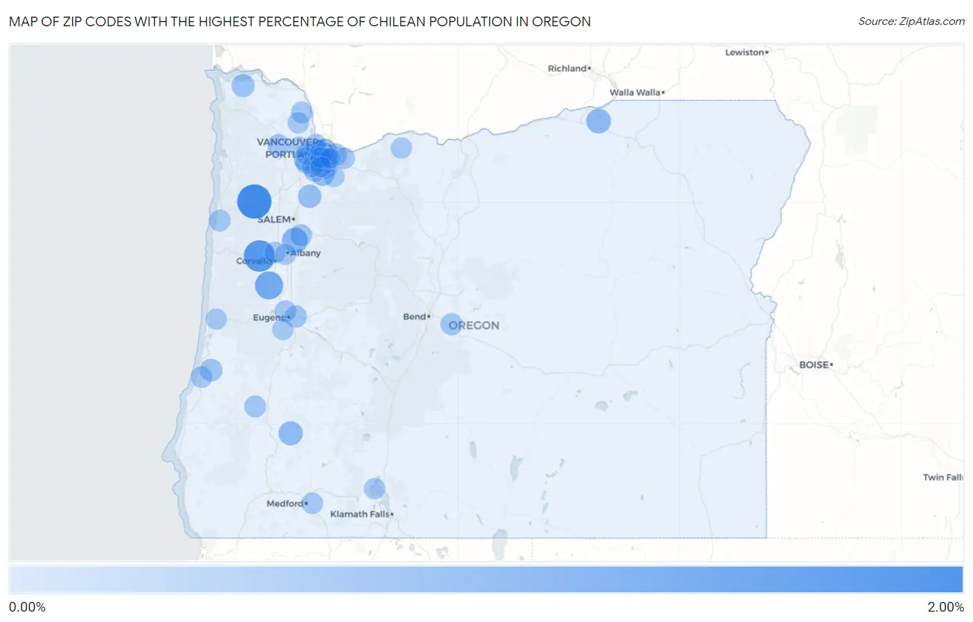 Zip Codes with the Highest Percentage of Chilean Population in Oregon Map