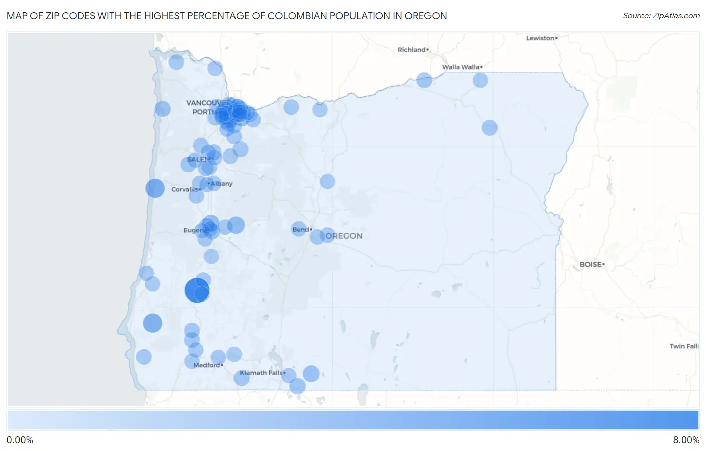 Zip Codes with the Highest Percentage of Colombian Population in Oregon Map