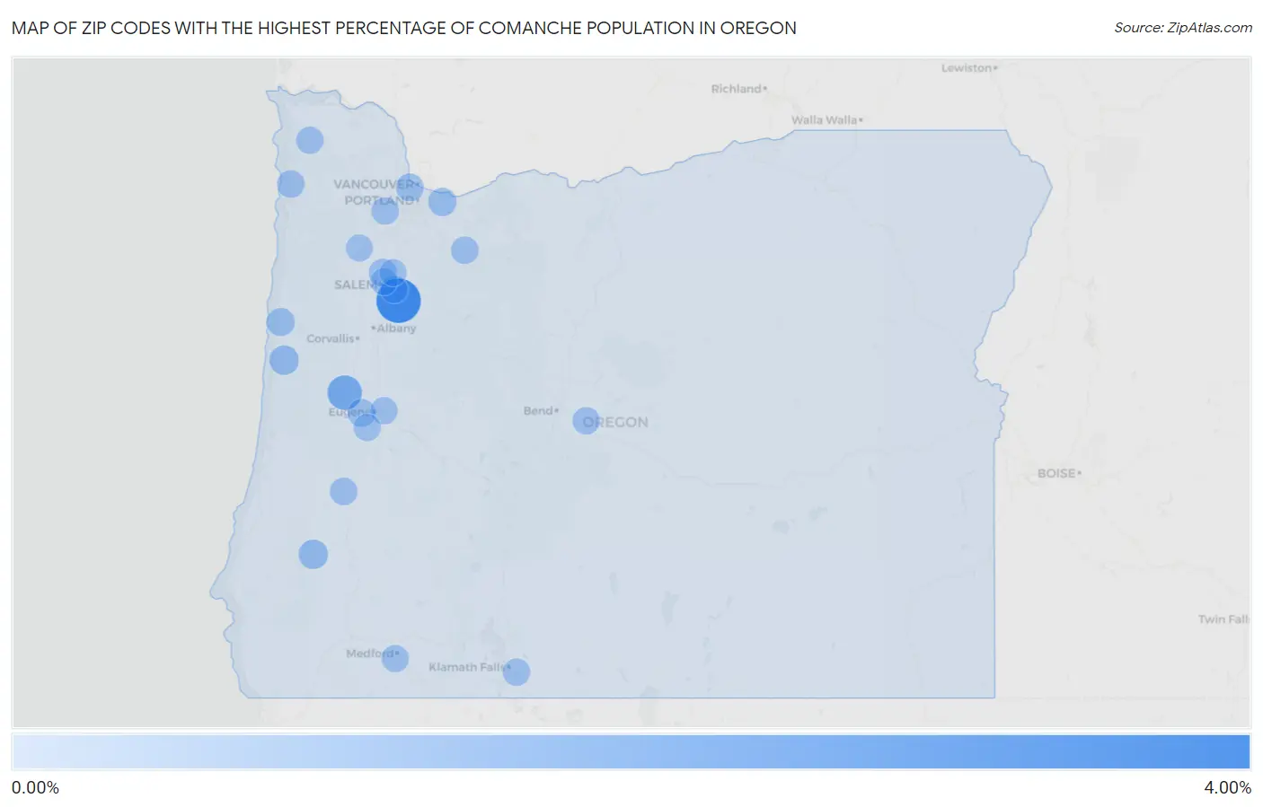 Zip Codes with the Highest Percentage of Comanche Population in Oregon Map