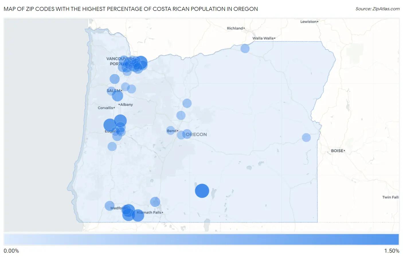 Zip Codes with the Highest Percentage of Costa Rican Population in Oregon Map