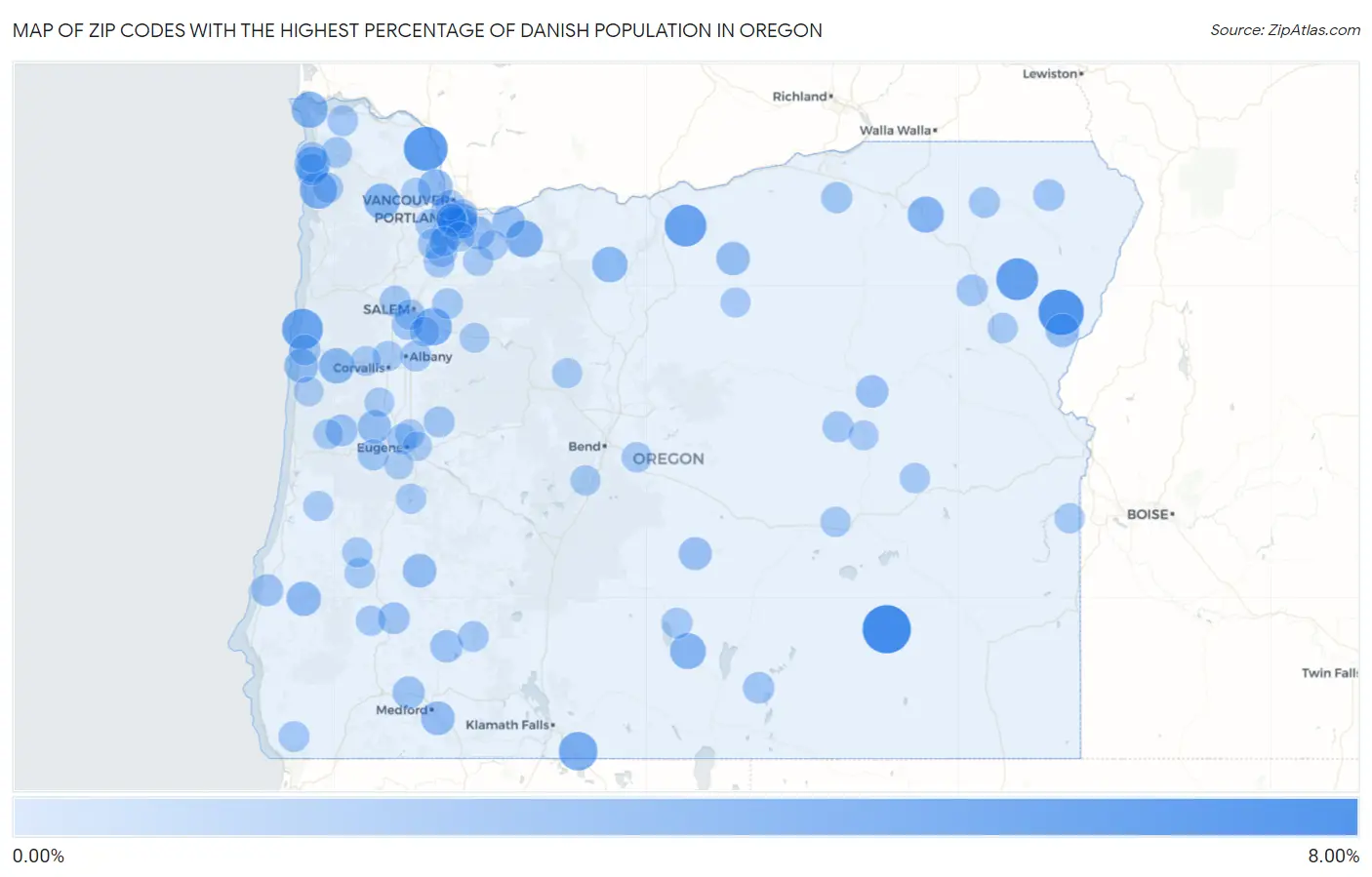 Zip Codes with the Highest Percentage of Danish Population in Oregon Map
