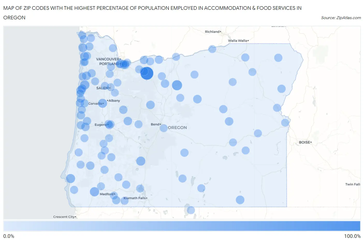 Zip Codes with the Highest Percentage of Population Employed in Accommodation & Food Services in Oregon Map