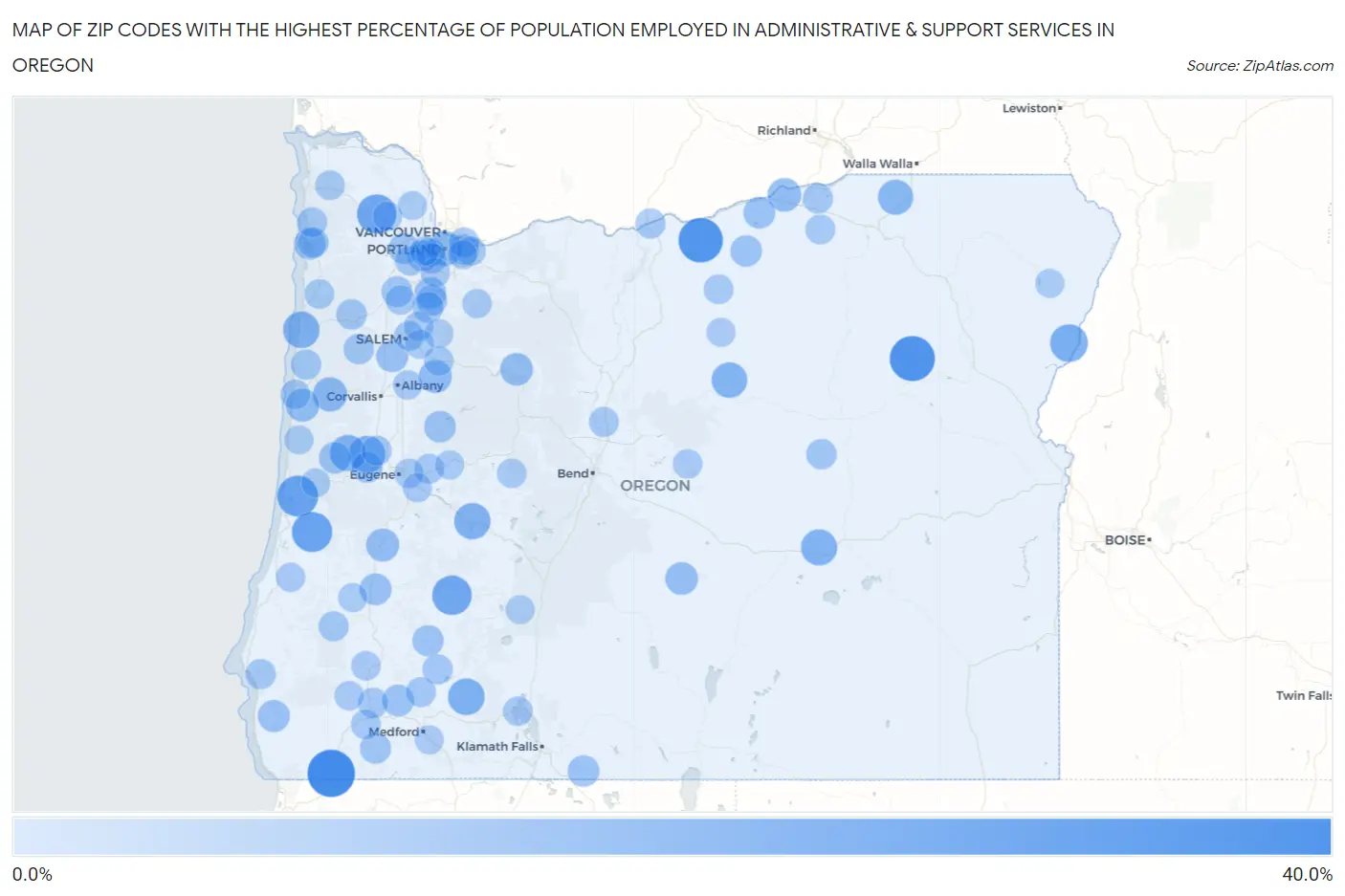 Zip Codes with the Highest Percentage of Population Employed in Administrative & Support Services in Oregon Map