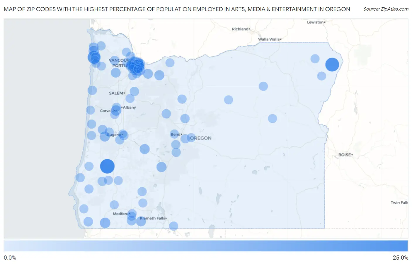 Zip Codes with the Highest Percentage of Population Employed in Arts, Media & Entertainment in Oregon Map