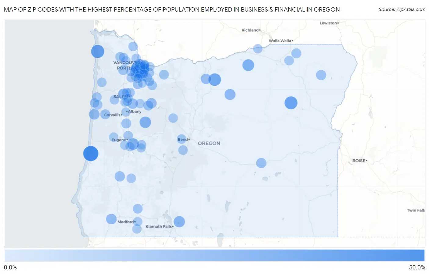 Zip Codes with the Highest Percentage of Population Employed in Business & Financial in Oregon Map