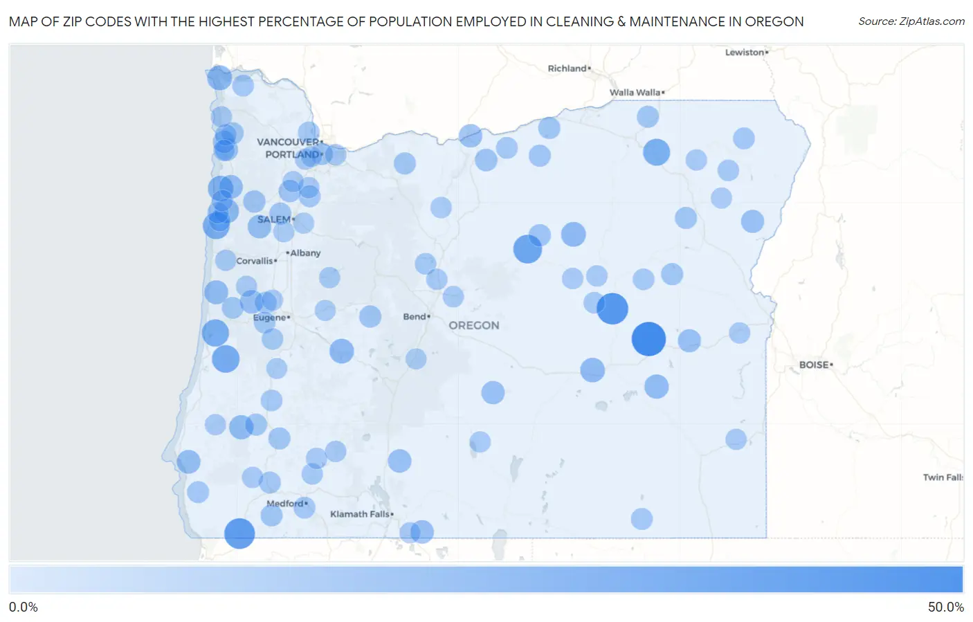 Zip Codes with the Highest Percentage of Population Employed in Cleaning & Maintenance in Oregon Map