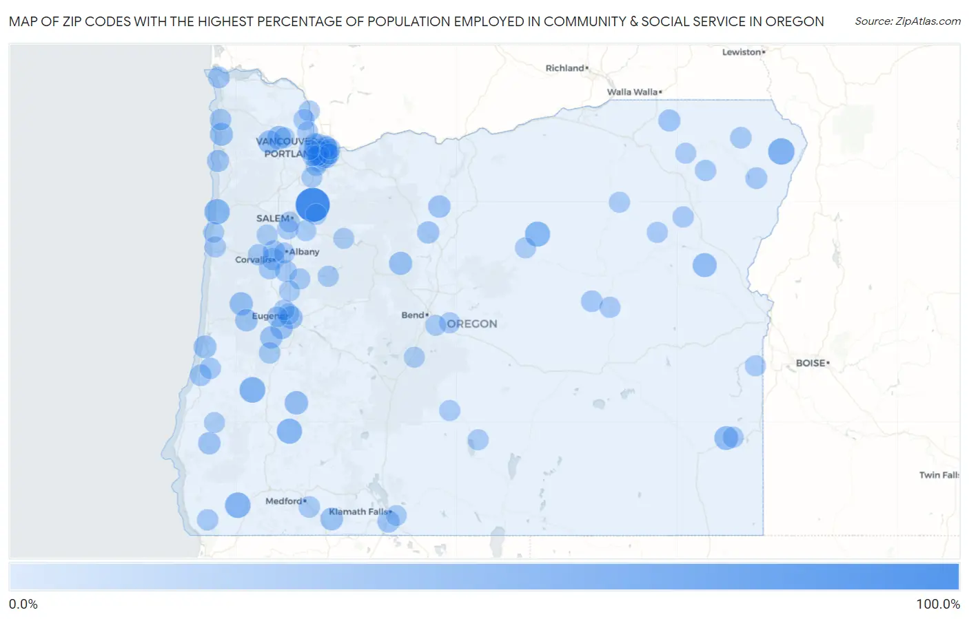 Zip Codes with the Highest Percentage of Population Employed in Community & Social Service  in Oregon Map