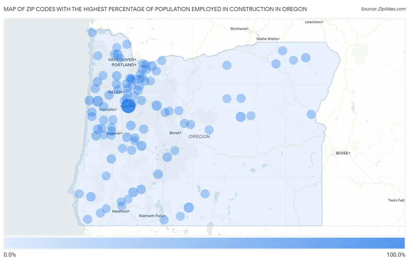 Zip Codes with the Highest Percentage of Population Employed in Construction in Oregon Map