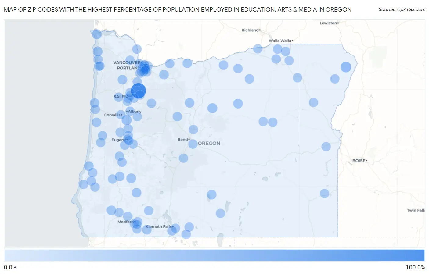 Zip Codes with the Highest Percentage of Population Employed in Education, Arts & Media in Oregon Map