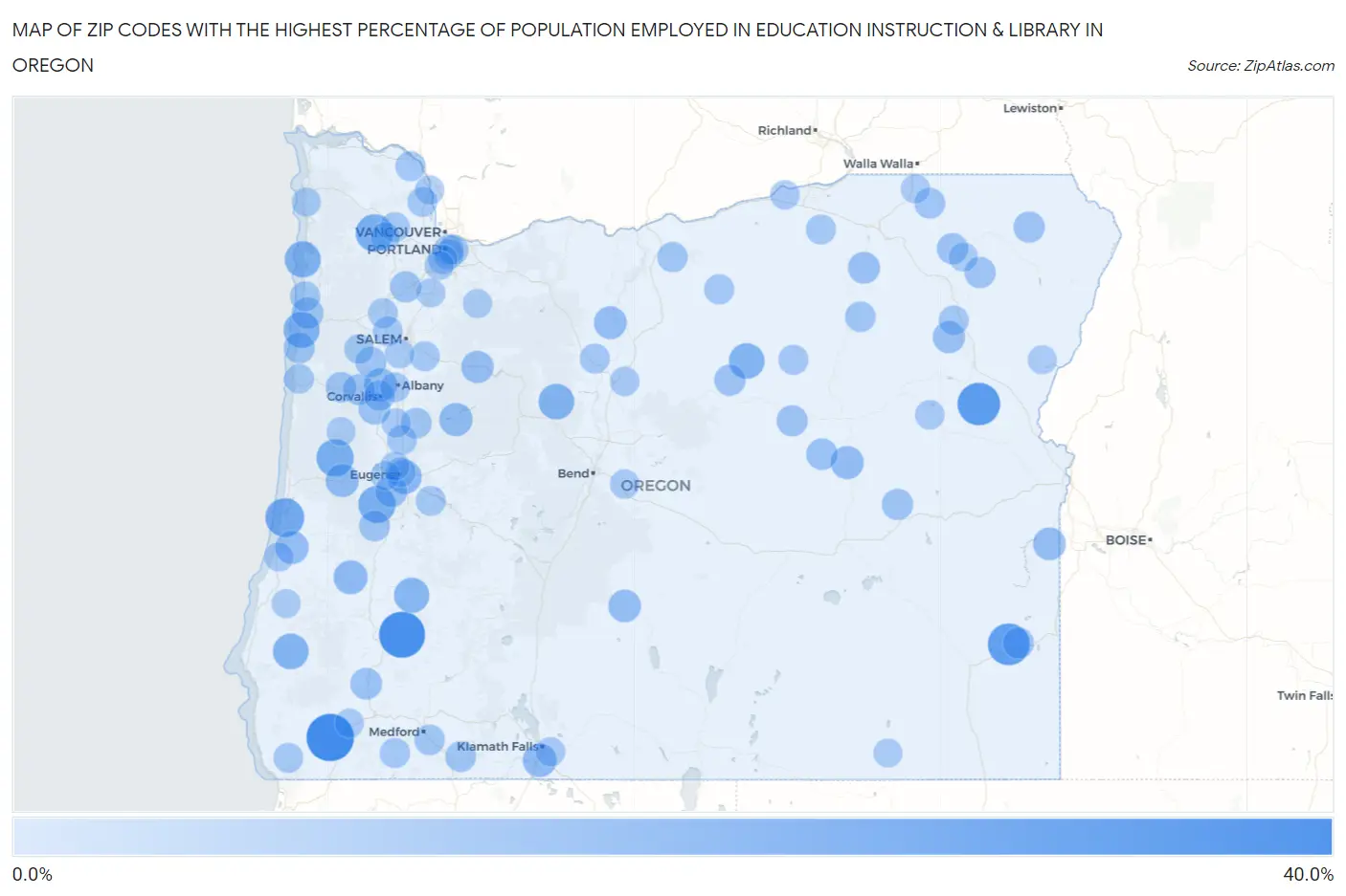Zip Codes with the Highest Percentage of Population Employed in Education Instruction & Library in Oregon Map