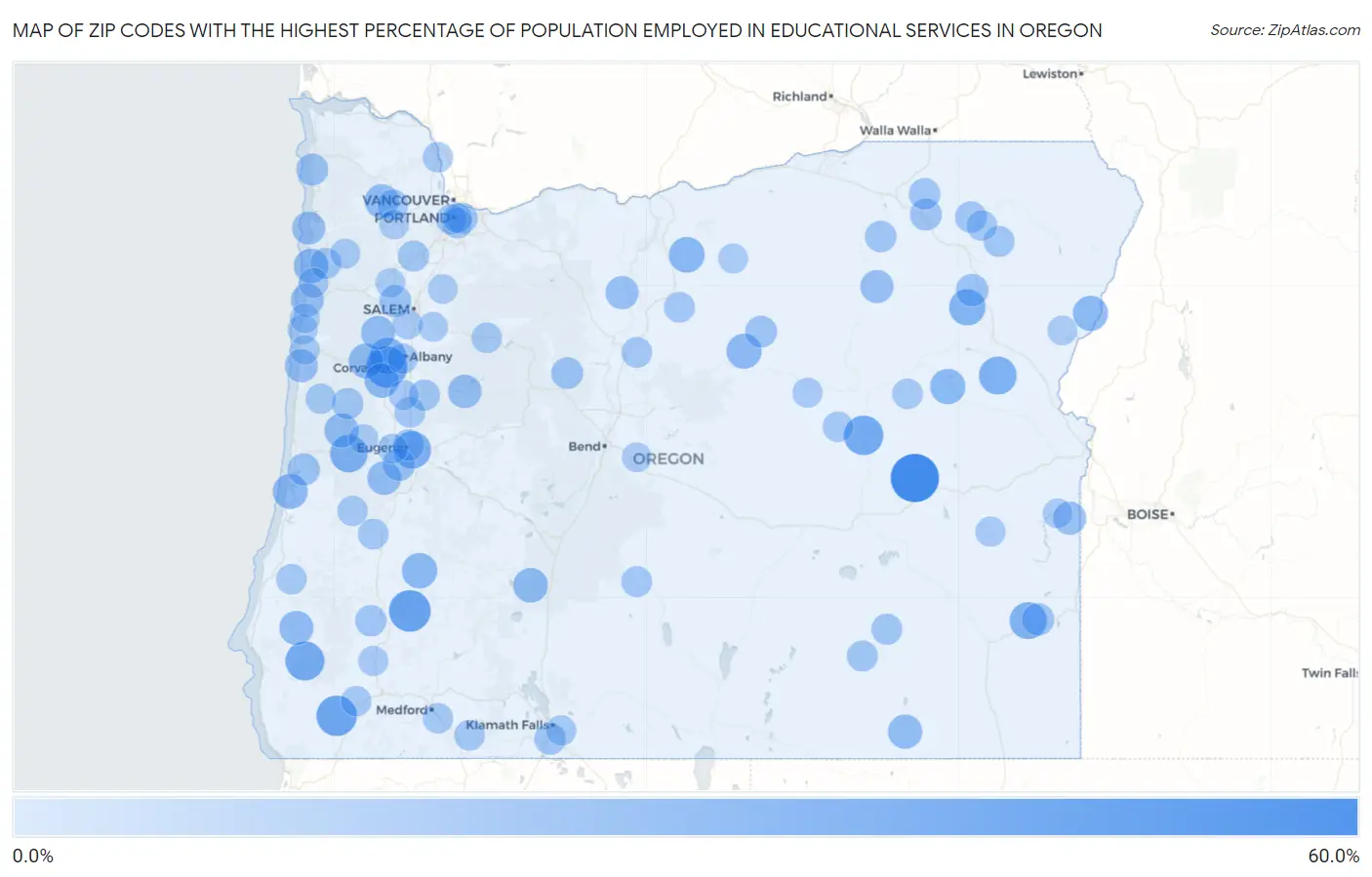Zip Codes with the Highest Percentage of Population Employed in Educational Services in Oregon Map