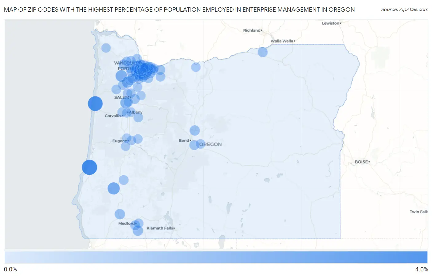 Zip Codes with the Highest Percentage of Population Employed in Enterprise Management in Oregon Map
