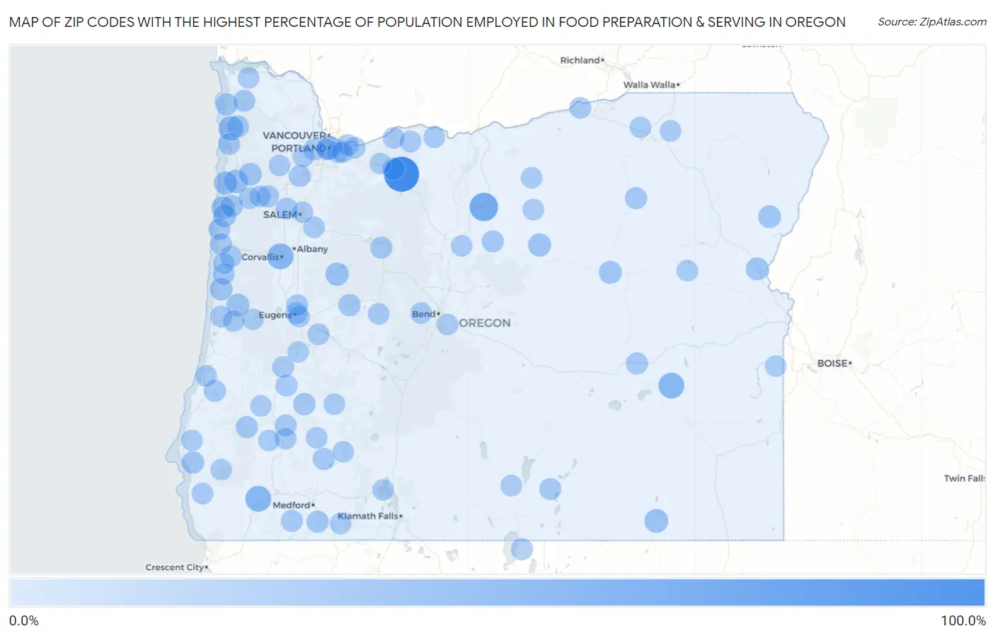 Zip Codes with the Highest Percentage of Population Employed in Food Preparation & Serving in Oregon Map
