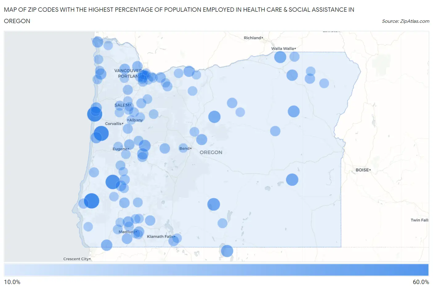 Zip Codes with the Highest Percentage of Population Employed in Health Care & Social Assistance in Oregon Map