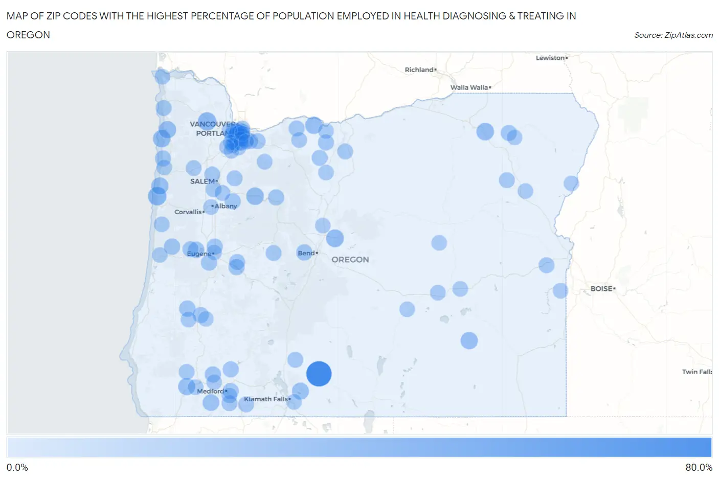 Zip Codes with the Highest Percentage of Population Employed in Health Diagnosing & Treating in Oregon Map