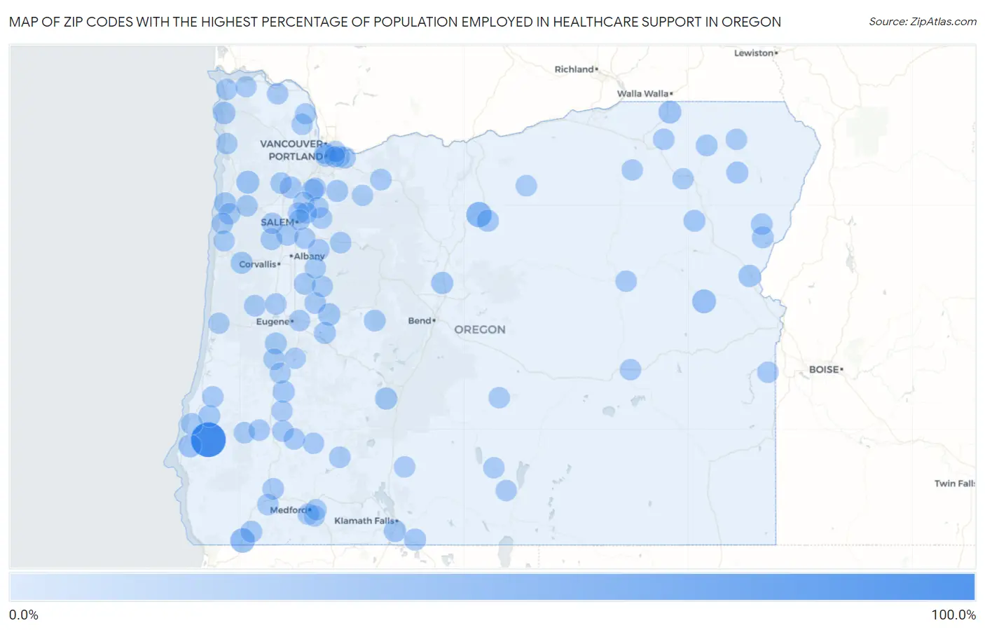 Zip Codes with the Highest Percentage of Population Employed in Healthcare Support in Oregon Map