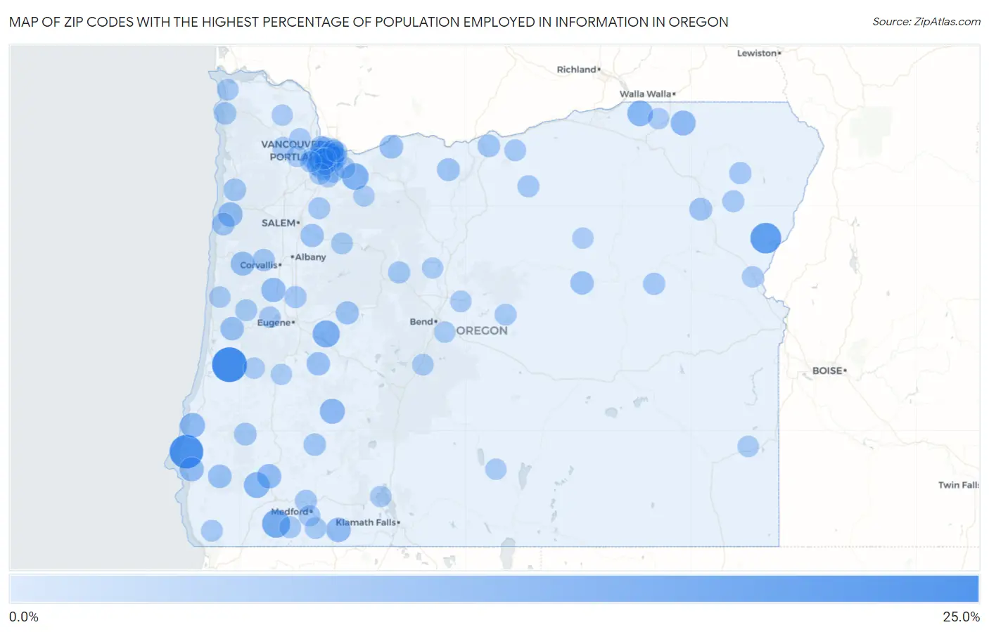 Zip Codes with the Highest Percentage of Population Employed in Information in Oregon Map