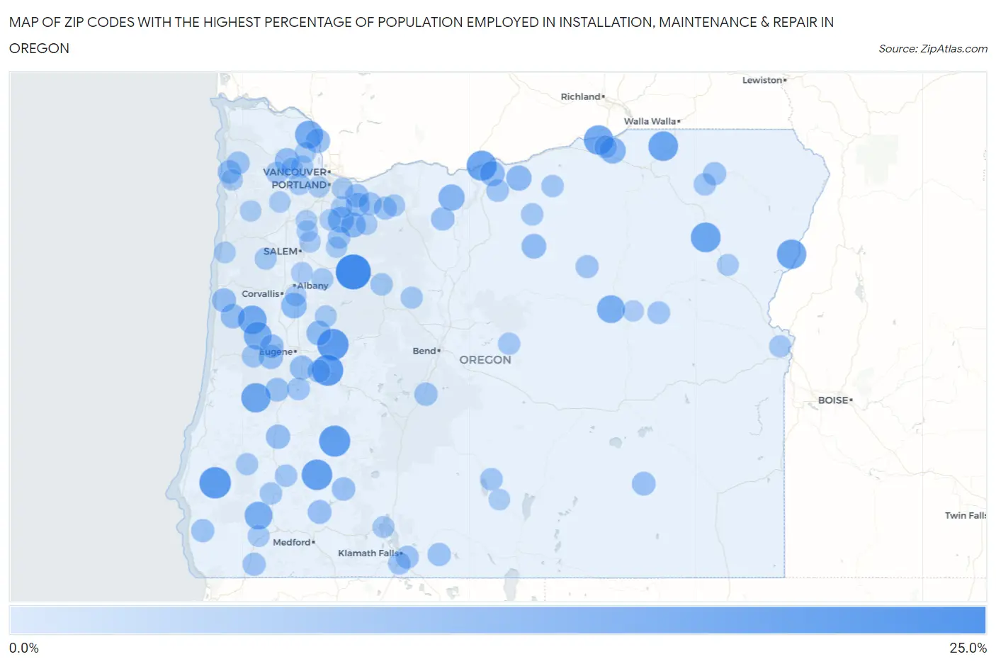 Zip Codes with the Highest Percentage of Population Employed in Installation, Maintenance & Repair in Oregon Map