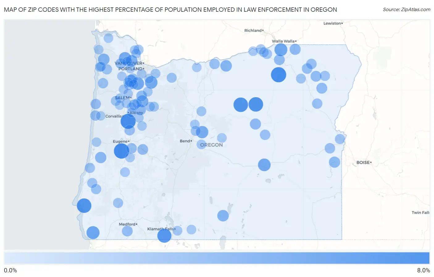 Zip Codes with the Highest Percentage of Population Employed in Law Enforcement in Oregon Map