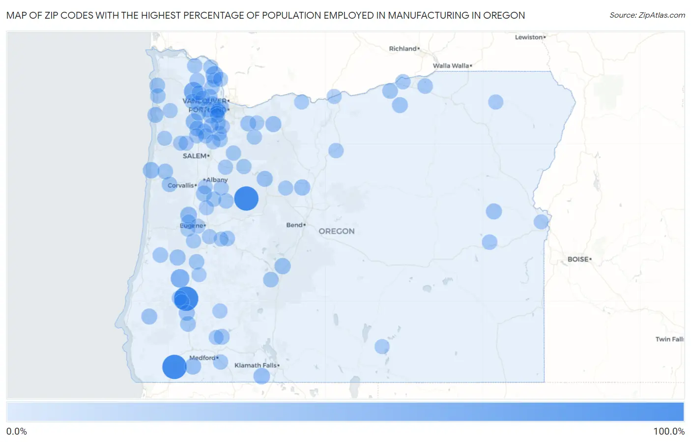Zip Codes with the Highest Percentage of Population Employed in Manufacturing in Oregon Map